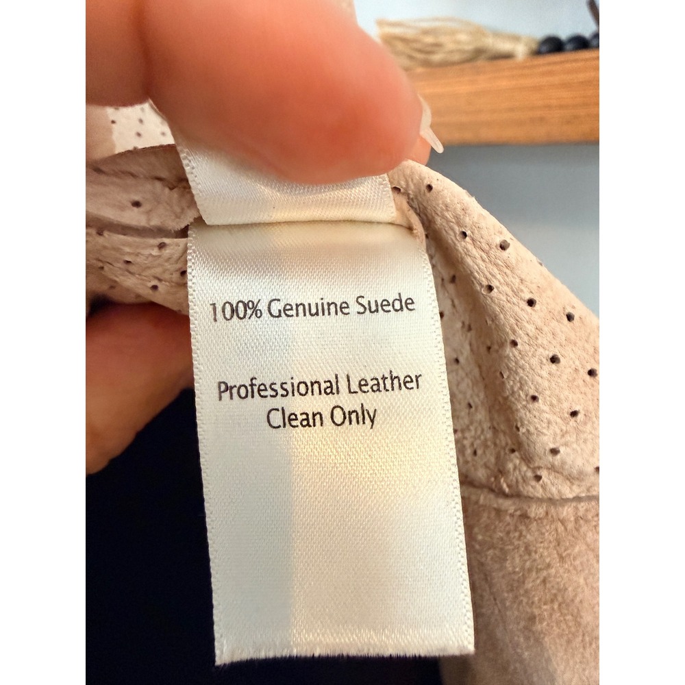 Ecru Perforated Tan Suede Bomber Jacket Women's Size Medium‎ Zip Pockets - Picture 6 of 7
